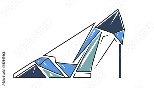 Geometric shoe design with blue and gray hues.