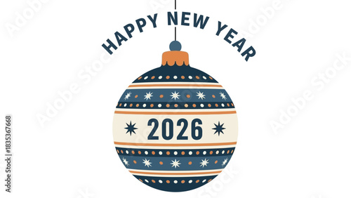 Happy New Year 2026 celebration concept with a decorative vintage Christmas ornament. Vector illustration for holiday greetings