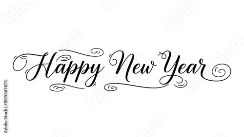 Elegant Happy New Year 2026 calligraphic lettering with decorative flourishes isolated on a white background for holiday greeting cards