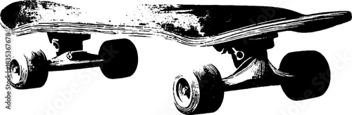 Black and white stencil illustration of a cracked longboard for urban art design