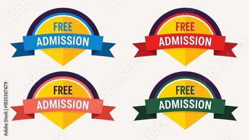 A vibrant collection of promotional vector badges with colorful ribbons, announcing free admission for events or special offers