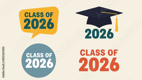Class of 2026 graduation vector icon and badge collection. A set of graphics for high school or college seniors featuring a mortarboard cap