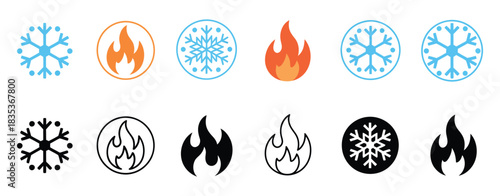 Hot and cold sign, fire and snowflake vector icon, featuring ice and fire symbols in circle design for apps, websites, digital interfaces, and climate indicators