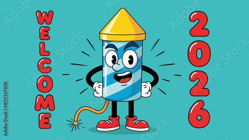 A cheerful cartoon firework rocket character welcomes the year 2026. Vector illustration for a Happy New Year celebration