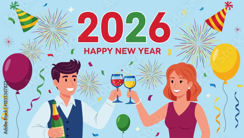 Cheerful couple toasting with wine glasses to celebrate the start of the New Year 2026 with fireworks and confetti