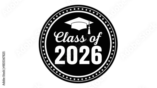 Class of 2026 black and white graduation emblem with a mortarboard cap. A simple vector seal icon for academic achievement and commencement