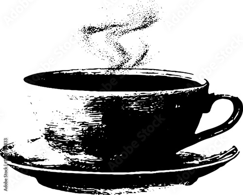 Black and white stencil illustration of steaming tea cup design