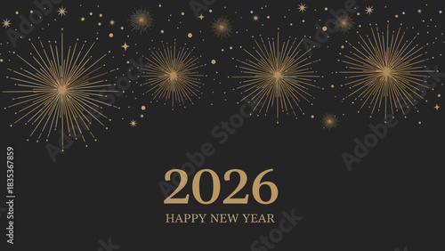 Elegant Happy New Year 2026 background with sparkling golden fireworks and glitter on a dark festive backdrop