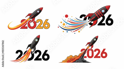 Vector collection of rocket launch icons for the year 2026, representing a new beginning, progress, and successful takeoff