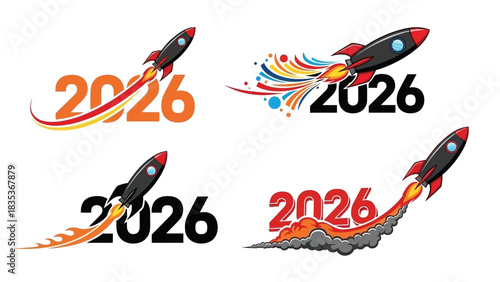 Vector illustration set of rockets blasting off for the year 2026, symbolizing a powerful start, innovation, and progress