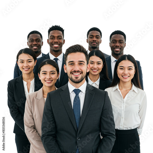 Diverse group of smiling business professionals standing together in formal attire isolated on transparent background