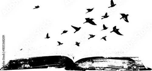 Black and white stencil of a floating book with birds in flight – grunge art for print and decor