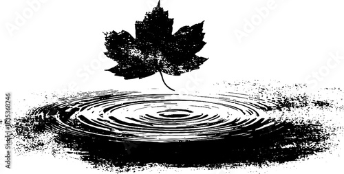 Grunge stencil illustration of a floating leaf on rippling water - black and white art for design