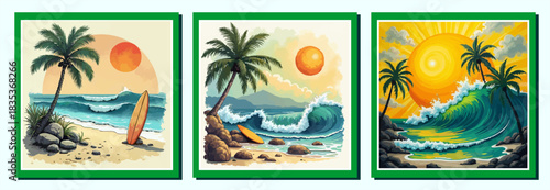a set of three vibrant, tropical-themed art prints or illustrations in a consistent style