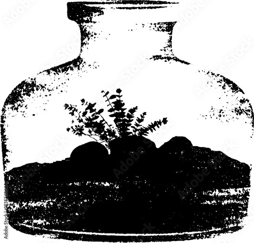 Black and white stencil illustration of a glass terrarium with plants and rocks for design use
