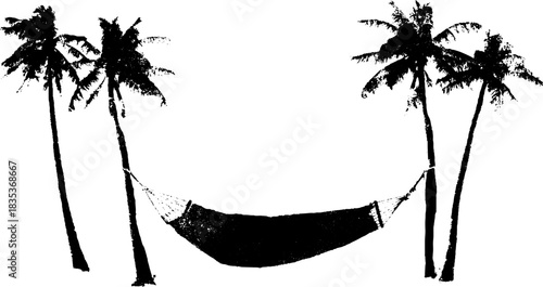 Relaxing hammock between palm trees in black and white stencil art