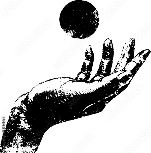 Black and white stencil art of hand lifting sphere concept for urban design