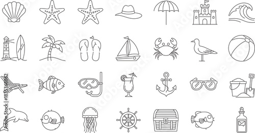 Summer vacation line art icons collection featuring seashell starfish sunglasses and tropical items for beach holidays adventure