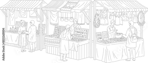 Market stalls shopping jewelry clothing customers vendors bazaar retail trade