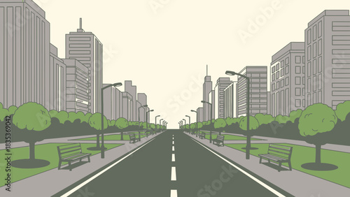 A long, straight city road with sidewalks, trees, benches, and tall buildings on both sides, extending into the distance in a stylized illustration.
