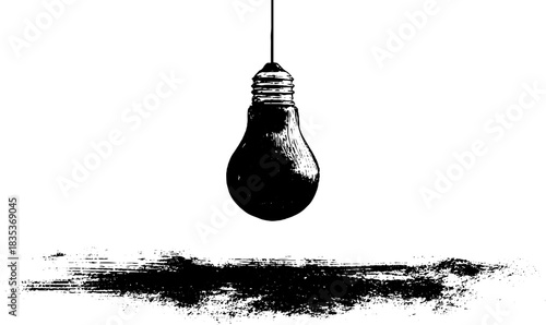Black and white stencil illustration of a hovering light bulb with grunge brushstroke