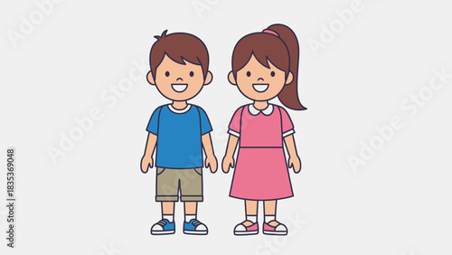 Illustration of a smiling boy and girl standing side by side, holding hands, and looking forward.