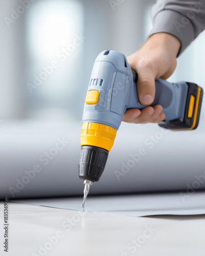 Person using a cordless drill on white material in a modern workspace.