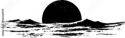 Black and white stencil illustration of a sunrise over the ocean horizon