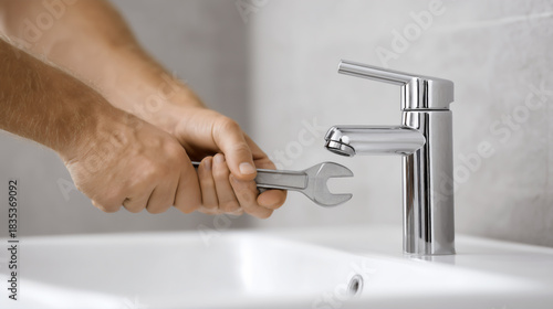 Plumber fixing bathroom faucet with adjustable wrench close-up.