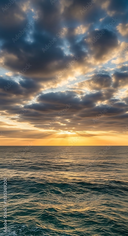 Obraz premium Dramatic Sunset Sky with Dark Clouds Over a Calm Ocean.
