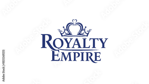 A sophisticated logo for Royalty Empire featuring a blue crown with a heart over elegant serif typography on a white background.