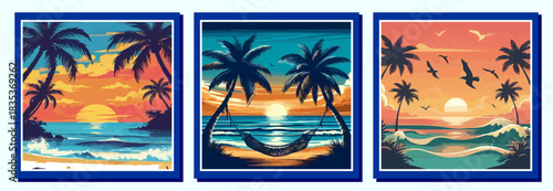 Each print features silhouettes of palm trees against a vibrant sky with a setting sun