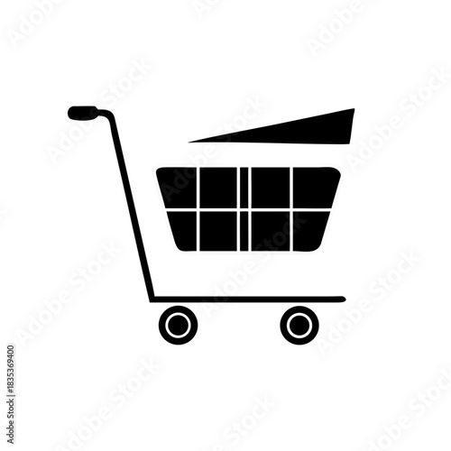 Illustration of a black shopping cart with a handle wheels and a rectangular shape on top right on transparent background