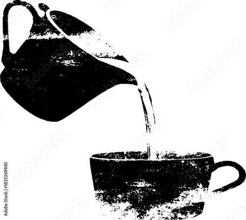Black and white stencil illustration of milk pitcher pouring into cup