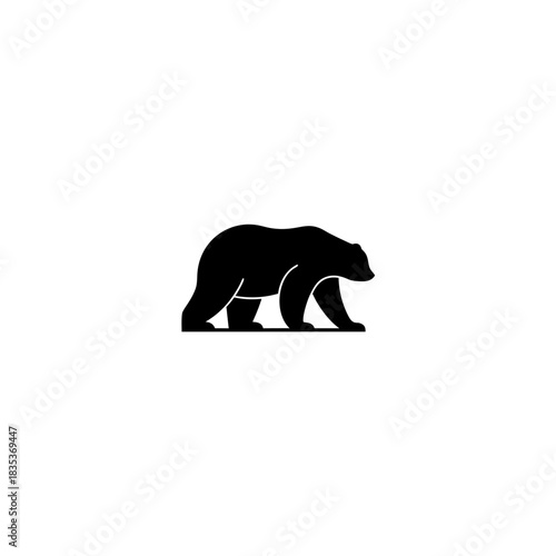 Silhouette depiction of a bear walking with a solid black fill and defined body shape shown sideways on transparent background