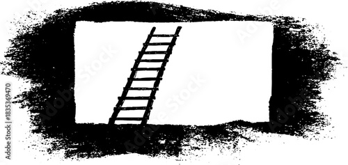 Black and white stencil illustration of a miniature ladder with grunge border