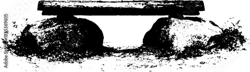Minimalist stencil illustration of rustic stone bench in black and white for artistic decor