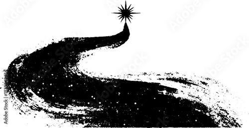 Minimalist black and white stencil illustration of a wandering path leading to a star