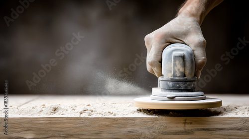Craftsman sanding wood with cordless belt sander creating dust cloud.