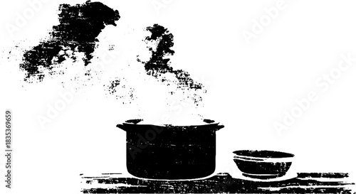 Minimalist stencil art of steaming pot and bowl in black and white for urban design