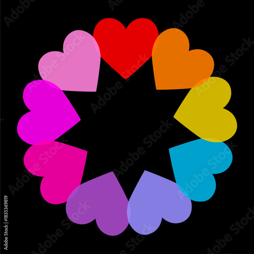 Colorful heart round frame. Happy Valentines day. Different color. Love sign symbol simple template. Greeting card. Decoration element. Square composition. Simple flat design. Black background. Vector