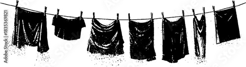 Black and white stencil illustration of hanging clothes on a line in urban setting
