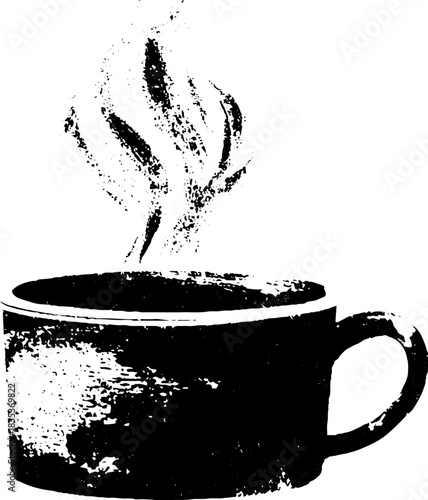 Black and white stencil art of a mug with rising steam for café poster design