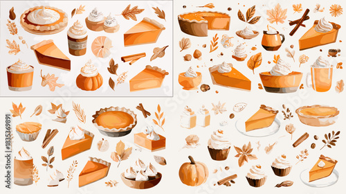 A cozy watercolor collection of pumpkin pies, slices, toppings, whipped cream, leaves, spices, and fall elements, ideal for autumn themes, seasonal recipes, and warm decorative artwork.