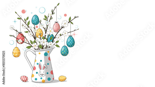 Easter egg decorations hang from flowering branches in a polka dot pitcher.