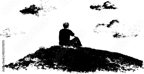 Contemplative silhouette on hill with clouds stencil art for design projects