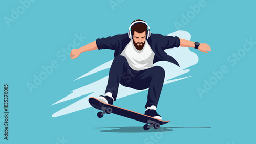 Man with headphones skateboarding and performing a trick against a blue background with abstract shapes.
