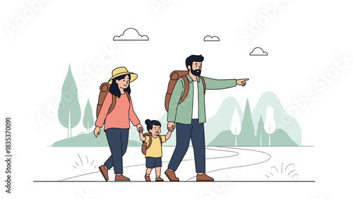 Family of three enjoying a hike in nature with backpacks and scenic views.