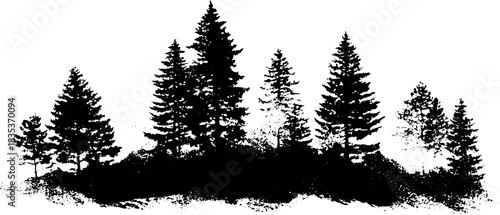 Black and white pine forest silhouette illustration for nature design projects