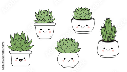 Cute kawaii potted succulents and cactus with happy faces, isolated on a white background.